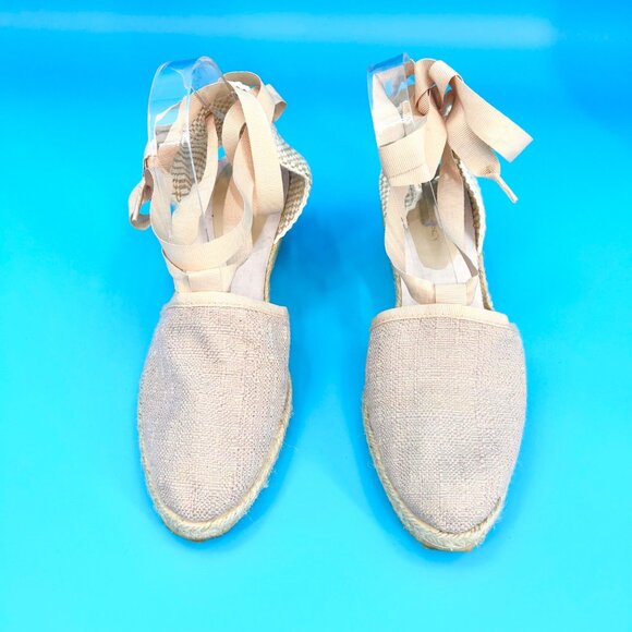 ILSE JACOBSON METALLIC THREAD BEIGE RIBBON TIE UP ANKLE STRAP ESPADRILLE WEDGE S - Picture 3 of 9